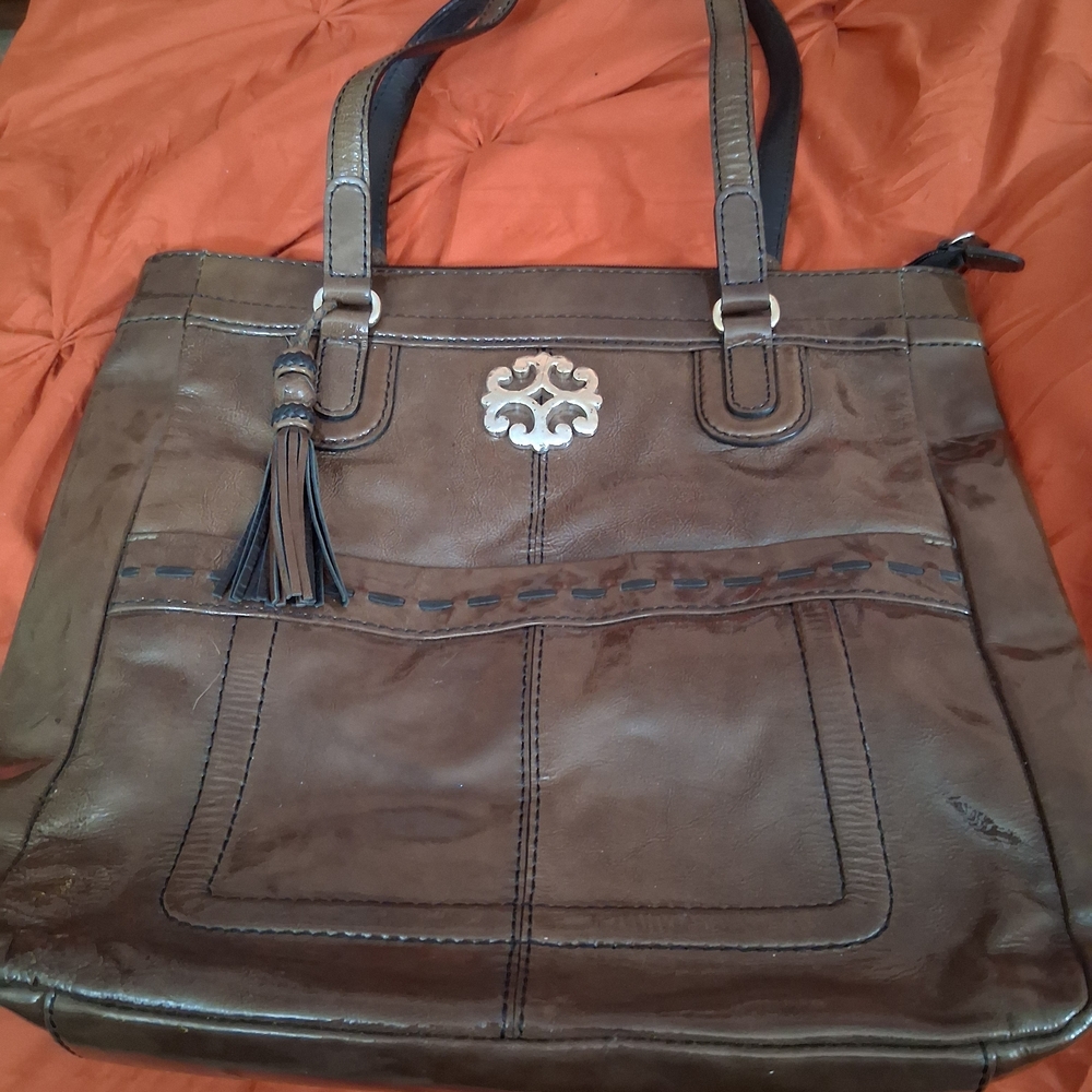 Vintage Brighton Shiny Brown Tote with Silver Accents - Picture 2 of 13